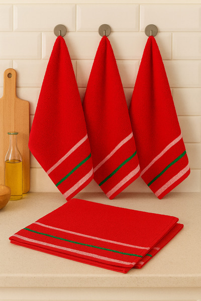 Benetton Home 3 Pieces Bath Towel Hand Face Body Red 100% Cotton 50X90 cm Hand Towel