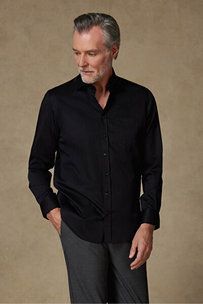 Abbate Ανδρικό πουκάμισο Leonardo Satin Cotton Comfort Fit Μαύρο Κλασικό Πέτο