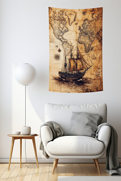 vodler Vintage Dünya Haritası ve Yelkenli Gemi Desenli Duvar Örtüsü