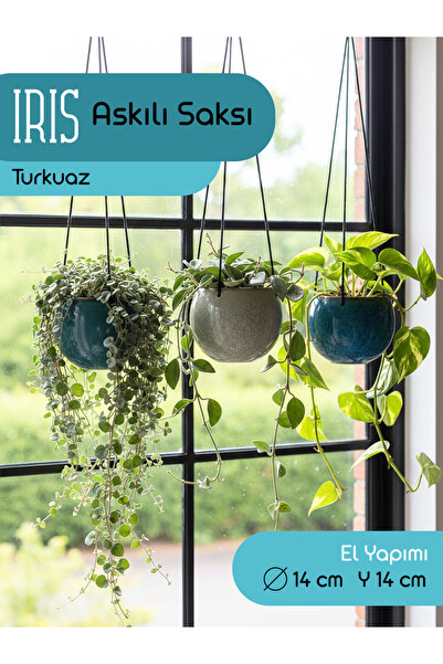 Genel Markalar İris Seramik Askılı Turkuaz Saksı 15X14 Cm