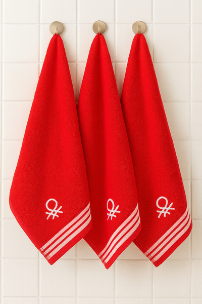 Benetton Home 3 Pieces Bath Towel Hand Face Body Red 100% Cotton 50X90 cm Hand Towel