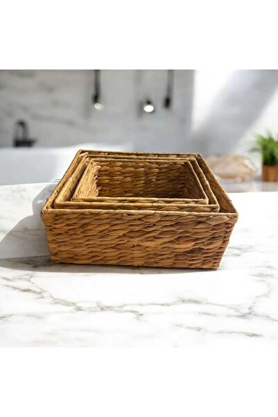 Bahçem منظم سلة خوص مستطيلة الشكل من صفير الماء الطبيعي المزخرف / مجموعة منظم مكونة من 3 قطع