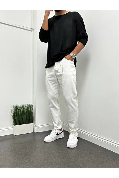 Gambocci Erkek Beyaz Boyfriend Rahat Kalıp Pantolon