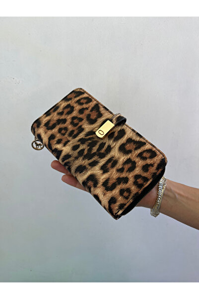 shiny ever Ortaboy Telefon Bölmeli Deri Leopar Desen Gold Detaylı Kadın Cüzdan