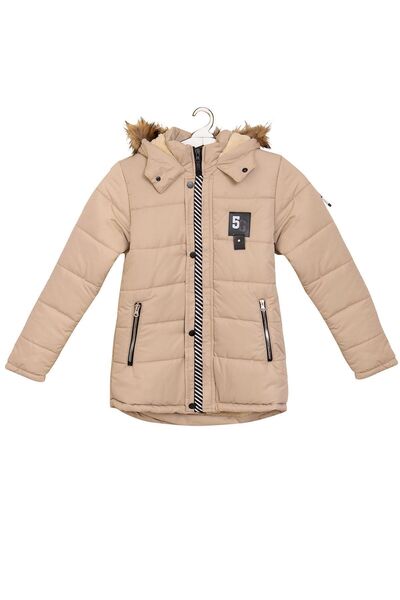 Mika Bebek & Çocuk 5 Armalı Kürklü Kapüşonlu Cepli Fermuarlı Erkek Çocuk Bej Şişme Mont