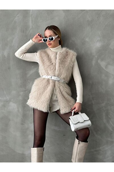 MODA Stone Feather Faux Fur Vest