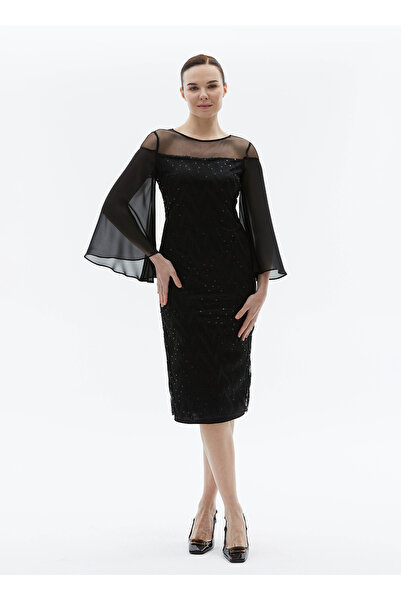 Selen O Yaka Payetli Siyah Standart Kadın Elbise 23YSL7312