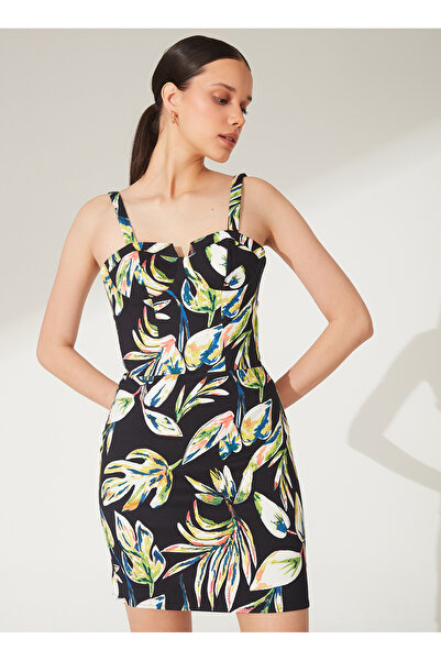 Fabrika Kalp Yaka Desenli Siyah - Çok Renkli Mini Kadın Elbise SENRA
