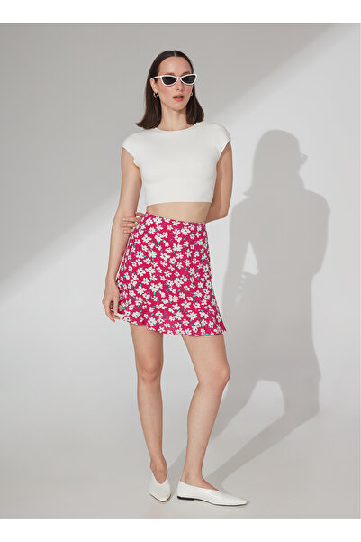 People By Fabrika Yüksek Bel Fuşya Kadın Desenli Mini Etek ATTOCK-2