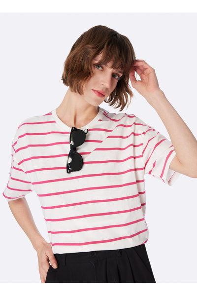 Fabrika Pembe - Beyaz Kadın Bisiklet Yaka Basic T-Shirt K-MELISSA