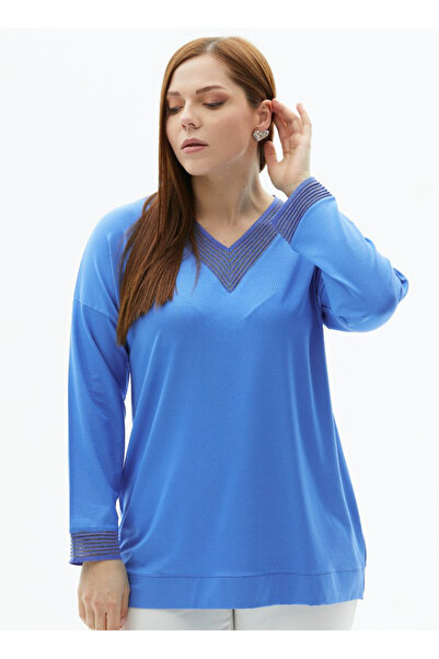 Selen V Yaka Düz Mavi Kadın Bluz 23YSL8472