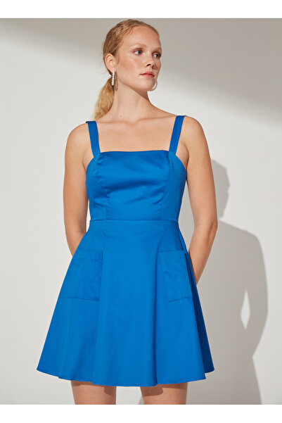 Fabrika Çivit Kadın Askılı Mini A-Form Fit Düz Kare Yaka Elbise BISTA