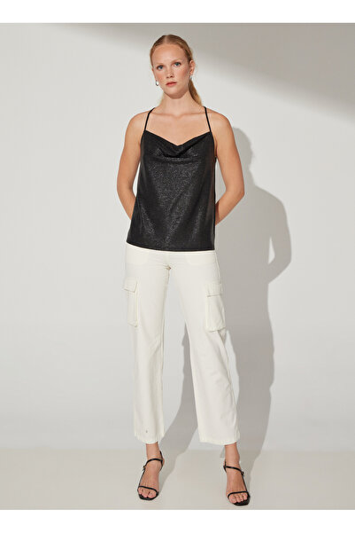 Black On Black Degaje Yaka Desenli Siyah Kadın Bluz K-MIA