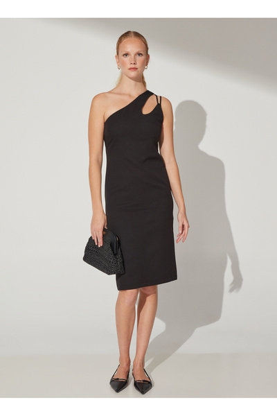 Fabrika Siyah Kadın Midi Dar Tek Omuz Elbise MISU