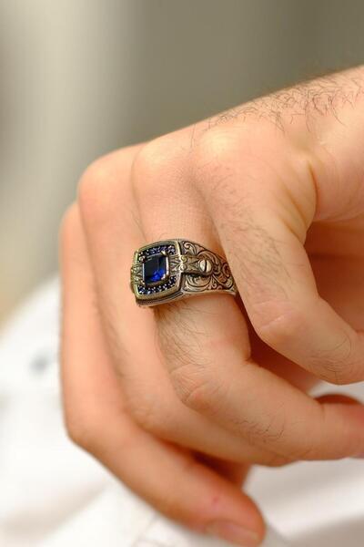 dergah tesbih Payitaht Serisi Lacivert Taşlı 925 Ayar Gümüş Yüzük