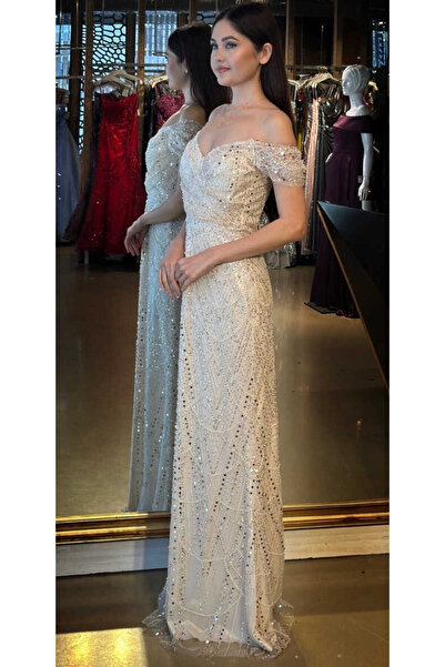 Abiyeniall Ekru Sırt Dekolteli Düz Kesim Pullu Boncuklu Uzun Abiye Elbise 11044