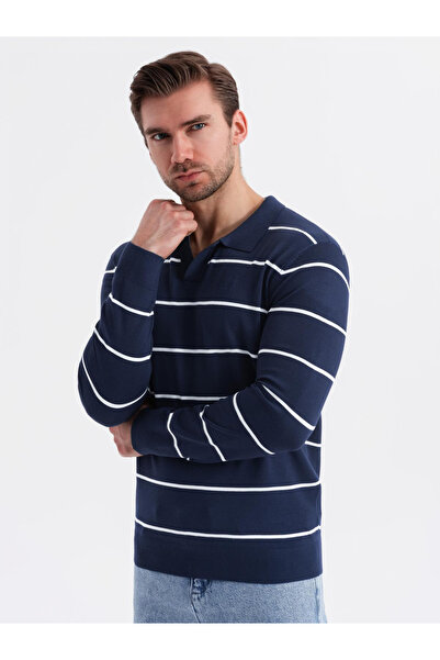 OMBRE Pánské polo tričko s dlouhým rukávem a horizontálními pruhy z viskózy - tmavě modré a bílé V1 OM-POLS-0146 M