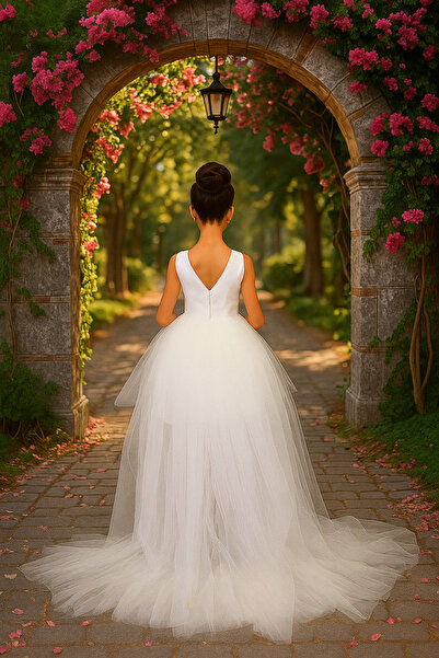 Tomac Kız Çocuk Arkası Uzun Kuyruklu Tütü Etek Mezuniyet Parti Elbisesi Beyaz