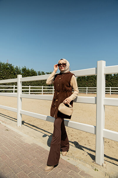 LOCCO Women's Waist-Tie Knit Vest Brown