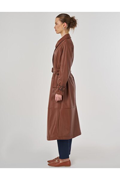 Kayra Dikiş Detaylı Suni Deri Trençkot Taba