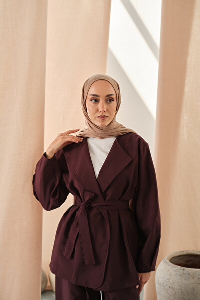 LOCCO Kadın Bel Bağlamalı Kimono Takım Mürdüm