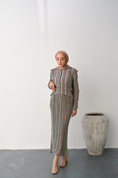 LOCCO Жіночий комплект із спідницею з блискітками та лінійним візерунком, лососевий