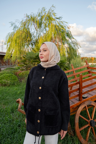 LOCCO Kadın Kapüşonlu Triko Ceket Siyah