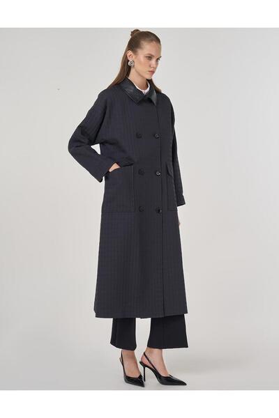 Kayra Şömizye Yaka Kaz Ayağı Desen Trençkot Siyah