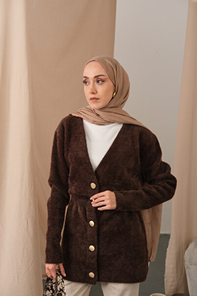 LOCCO Kadın Gold Düğme Detay Hırka Kahverengi