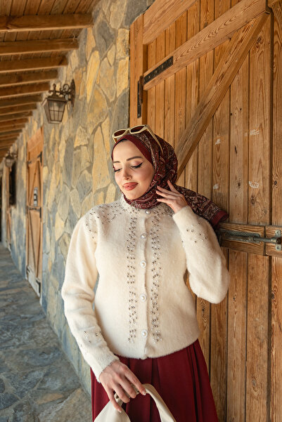 LOCCO Jachetă de tricotat cu detalii în piatră pentru femei, bej