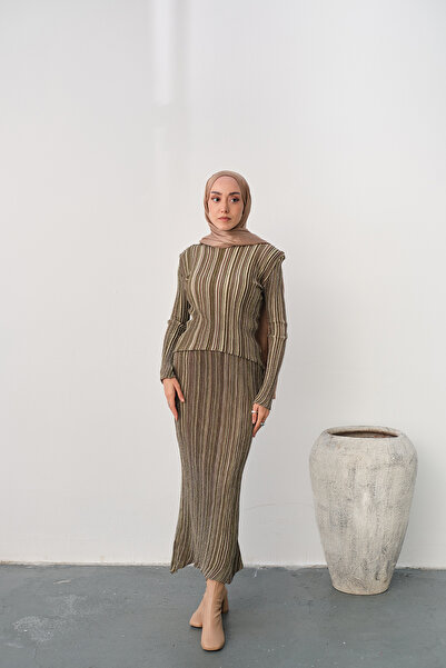 LOCCO Set de fuste cu model cu dungi argintii pentru femei, verde ulei