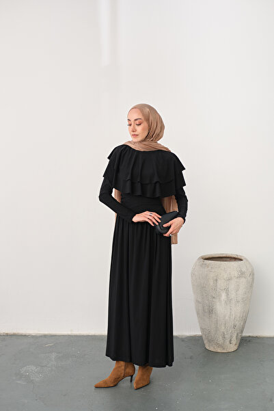 LOCCO Women's Shoulder Ruffle Detail Dress Black