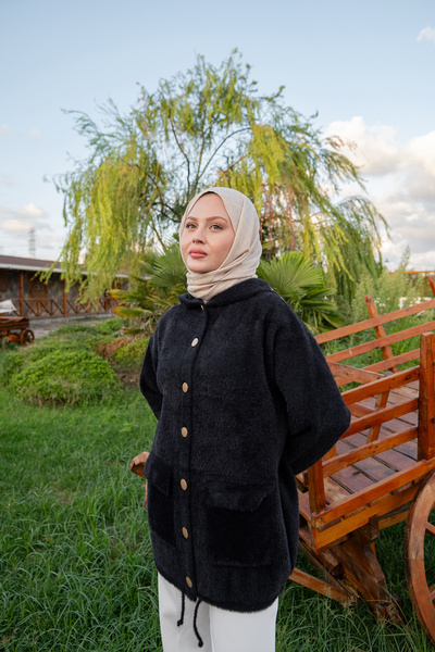 LOCCO Kadın Kapüşonlu Triko Ceket Siyah