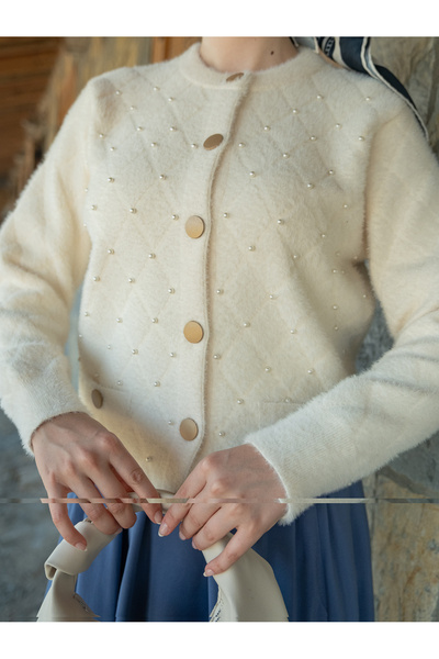 LOCCO Kadın İnci Detay Triko Ceket Bej