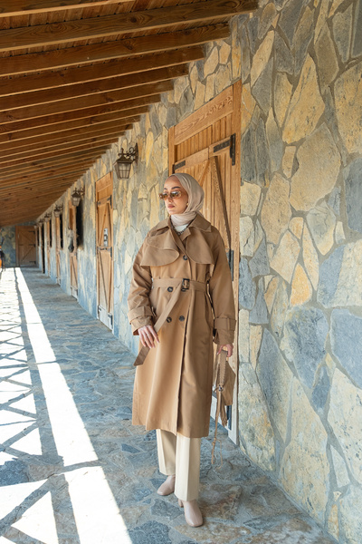 LOCCO Kadın Cep Yaka Trençkot Vizon