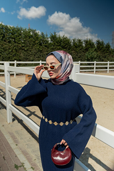 LOCCO Women's Belted Knit Dress Navy Blue