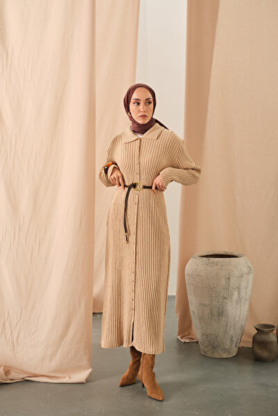 LOCCO Kadın Düğme Detay Triko Elbise Bej