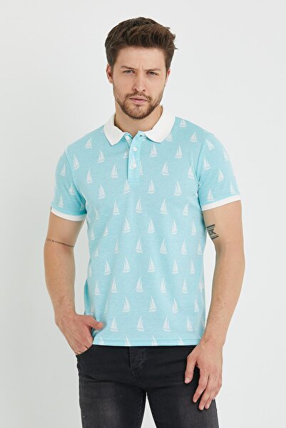 Polo State Men's Jacquard Patterned Polo Neck T-shirt Blue