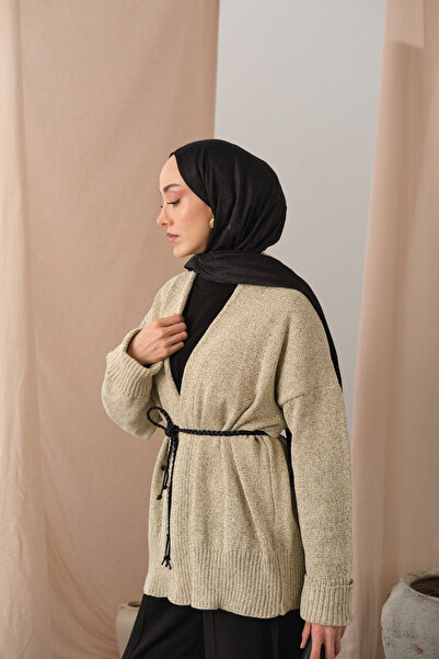 LOCCO Kadın Örgü Detay Bel Bağlamalı Hırka Krem