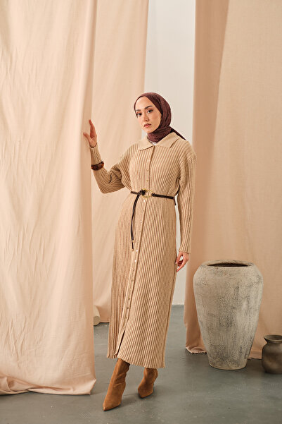 LOCCO Kadın Düğme Detay Triko Elbise Bej