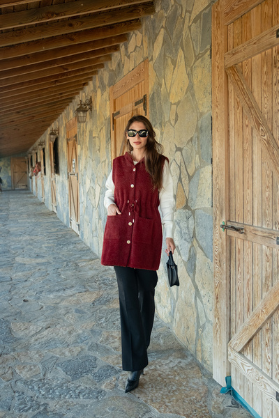 LOCCO Women's Waist-Tied Knitwear Vest Burgundy