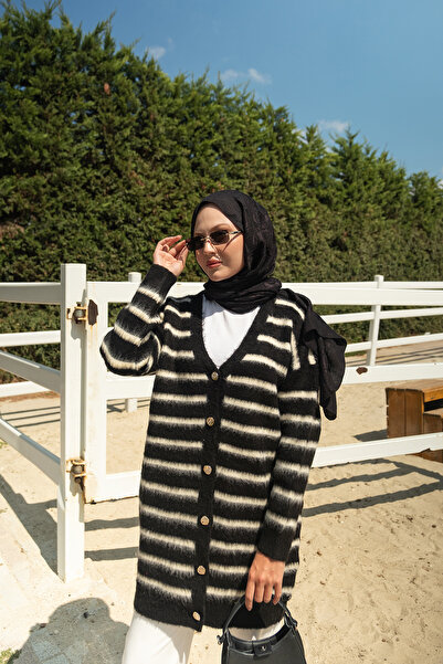 LOCCO Γυναικείο ριγέ μακρύ πλεκτό παλτό μαύρο