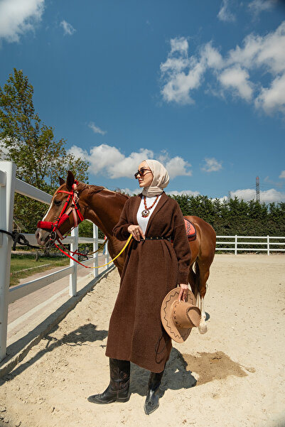 LOCCO Дамски плетен кардиган с колан, кафяв