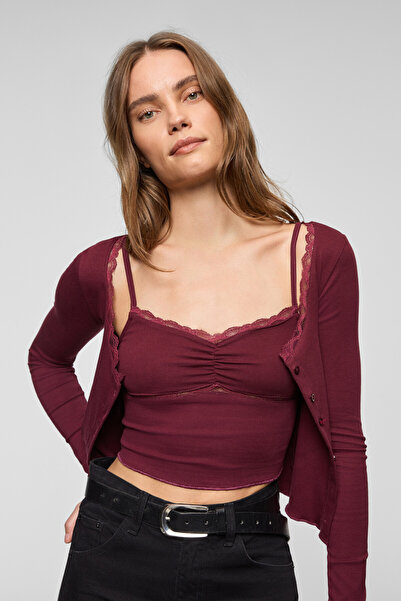 GRIMELANGE Elvura women's stretch fabric blouse and tank top two-piece set with lace-trimmed collar and button detail - burgundy blouse