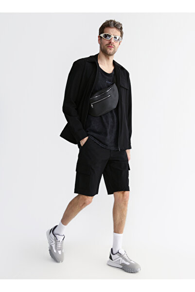 Black On Black Normal Bel Siyah Erkek Kargo Şort E-NISALL