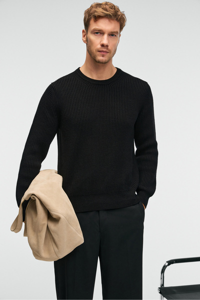 GRIMELANGE CABLIN Erkek Yuvarlak Yaka Regular Fit Triko Siyah Kazak