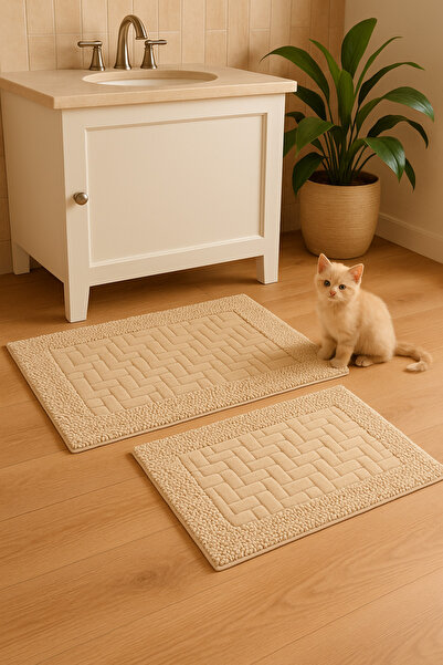 HOMEMOME Βαμβακερό χαλάκι μπάνιου Mosso Domino Σετ 2 τεμαχίων Μπεζ 60*100 & 5...