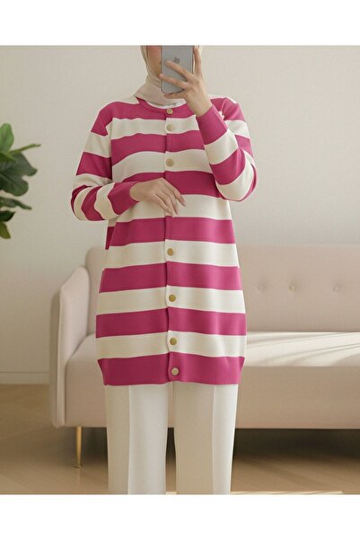 Modamorfo Ringelli Metal Button Steel Knit Casual Cardigan -Fuchsia