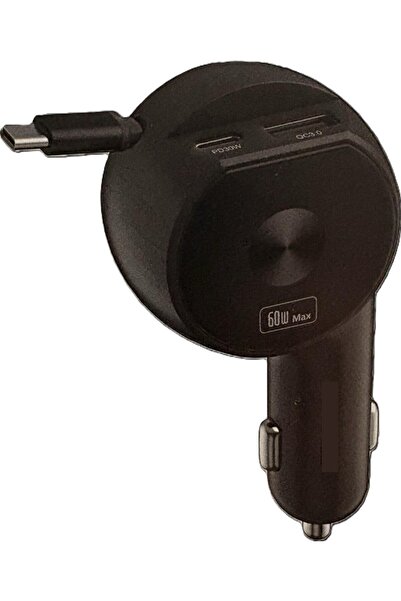Zoli Araç Hızlı Şarj Aleti 60W Geri Çekilebilir Makaralı Type-C Kablo, Ekstra USB ve Type-C Çıkışlı