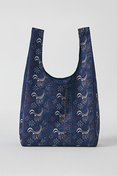 PUREYSMA Lacivert Desenli Katlanabilir Bez Alışveriş Çantası – Suya Dayanıklı, Kılıflı ve Taşınabilir